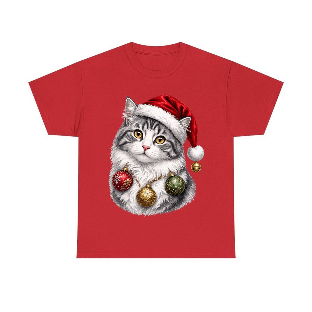 Longhair Cat personalised Christmas T-shirt in red