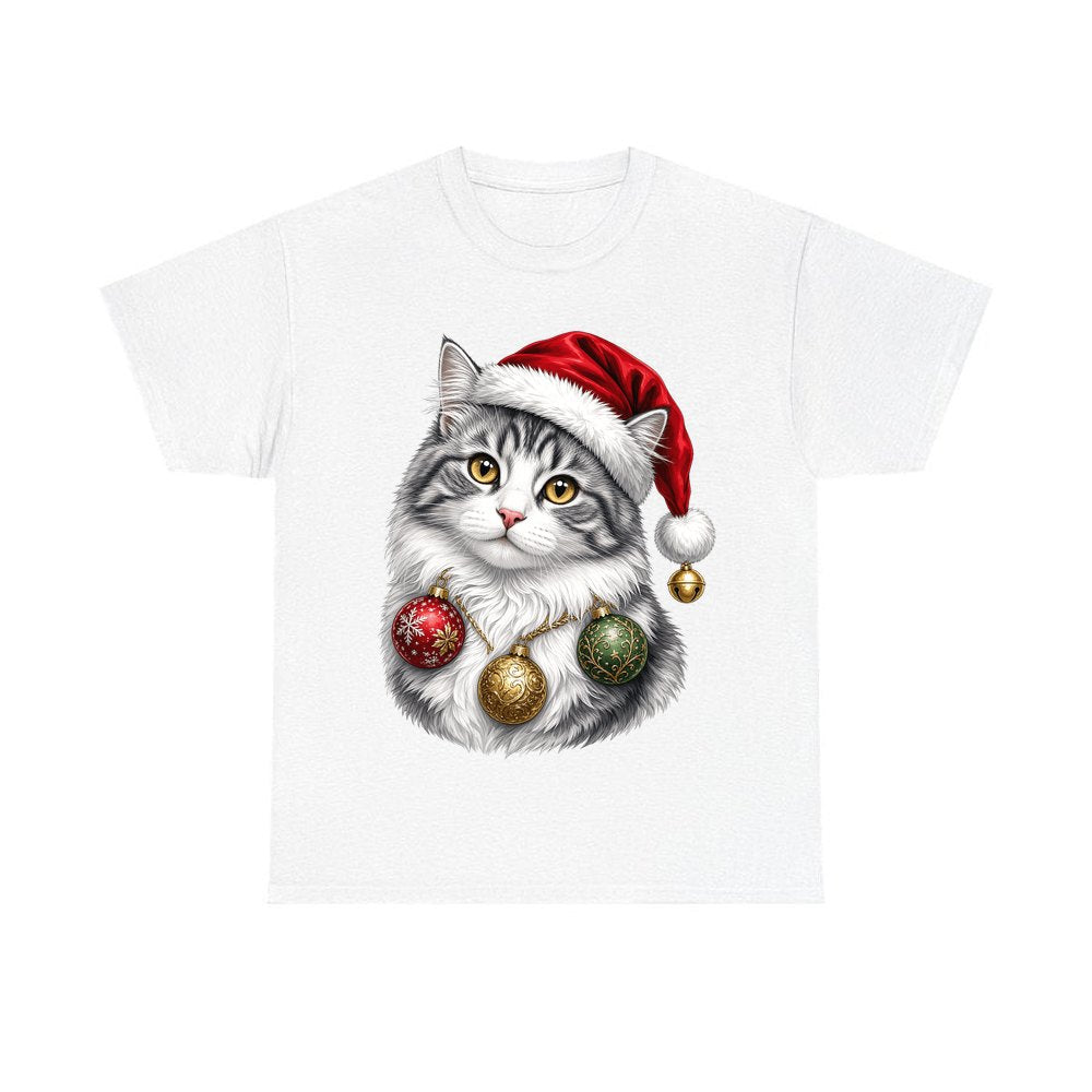 Longhair Cat Christmas design on a white tee