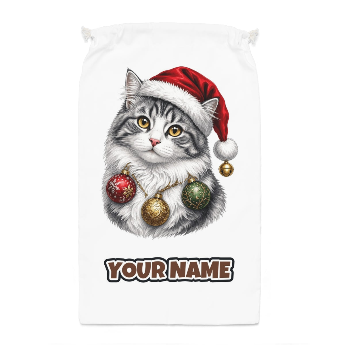 Longhair Cat Santa sack laid flat, showing the full print