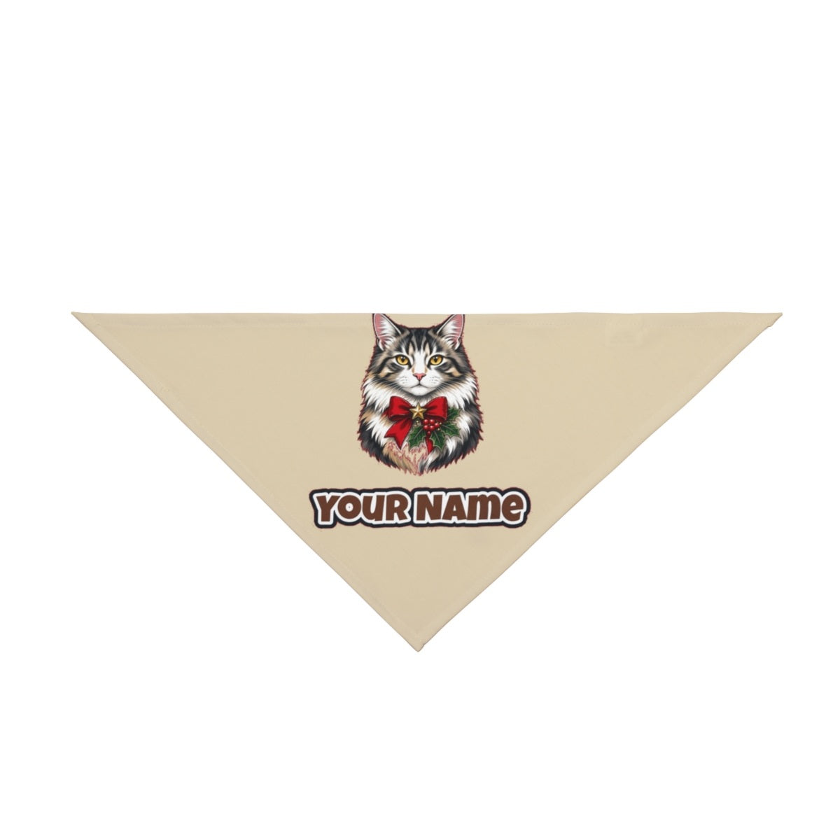 Longhaired Cat With Red Bow personalised Christmas pet bandana in beige, tie-on style