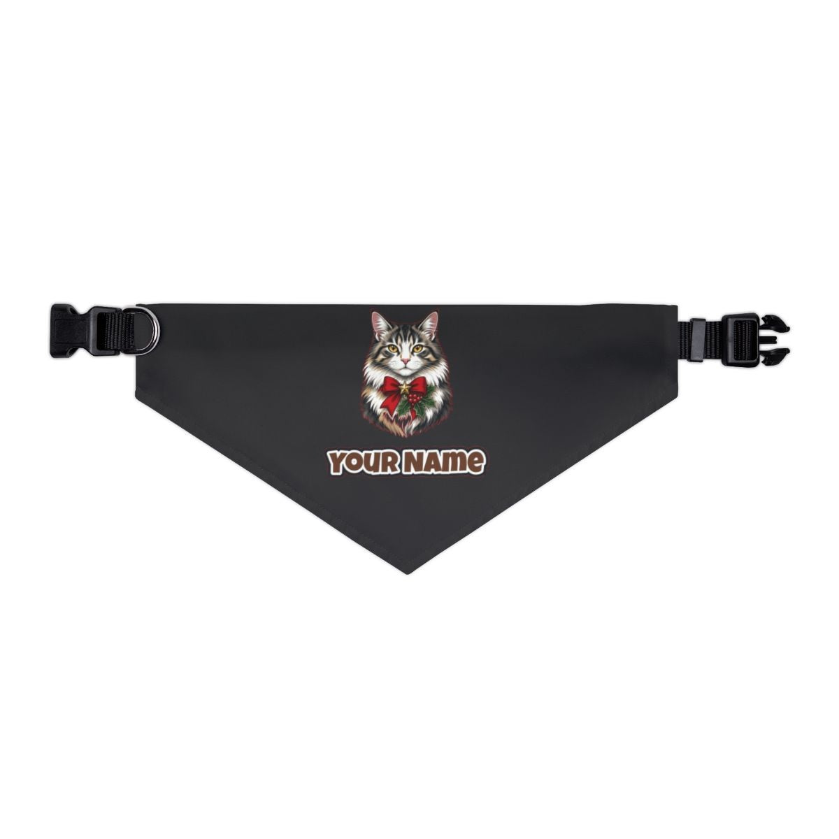 Longhaired Cat With Red Bow personalised Christmas pet bandana in black, collar with buckle
