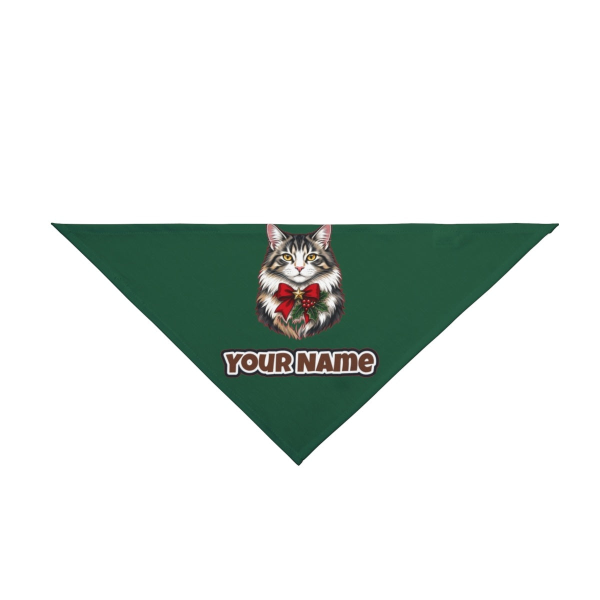 Longhaired Cat With Red Bow personalised Christmas pet bandana in green, tie-on style