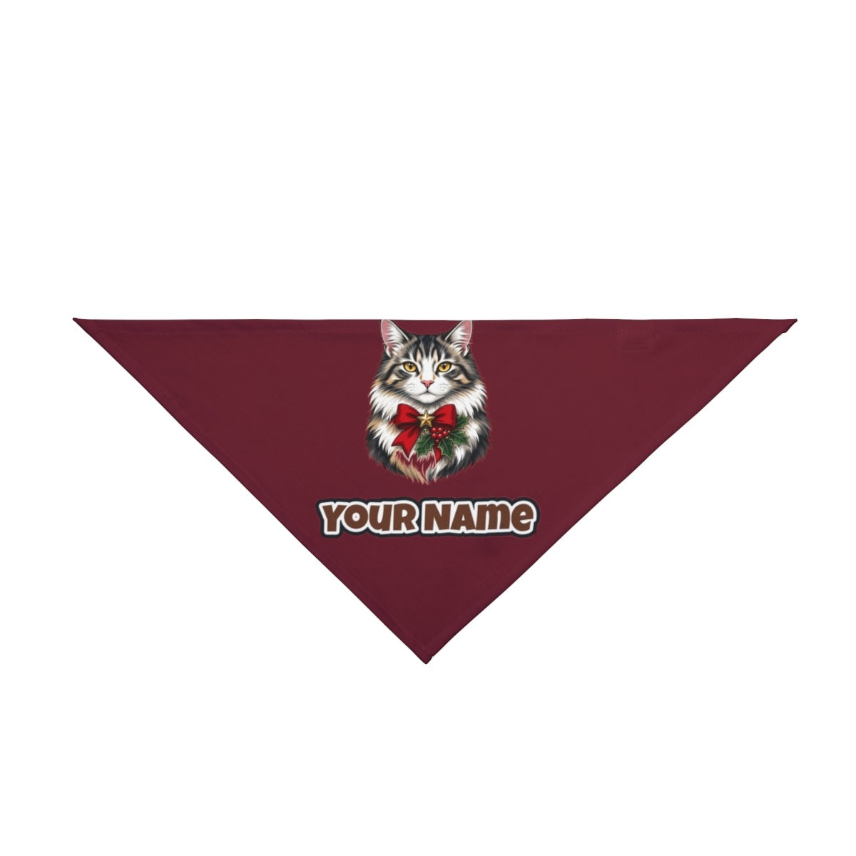 Longhaired Cat With Red Bow personalised Christmas pet bandana in maroon, tie-on style
