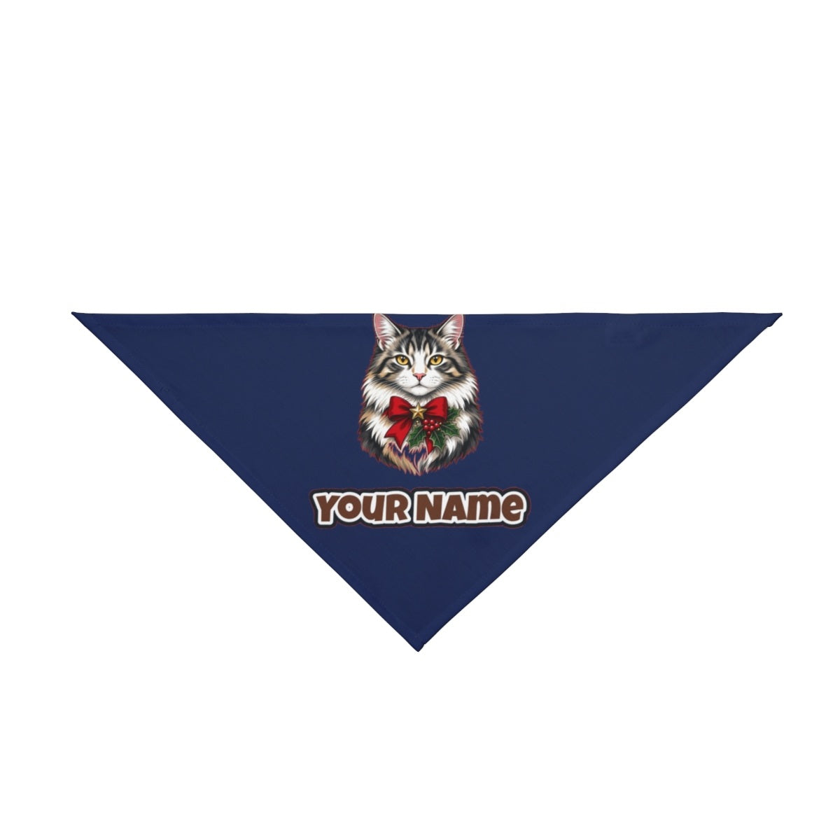 Longhaired Cat With Red Bow personalised Christmas pet bandana in navy, tie-on style