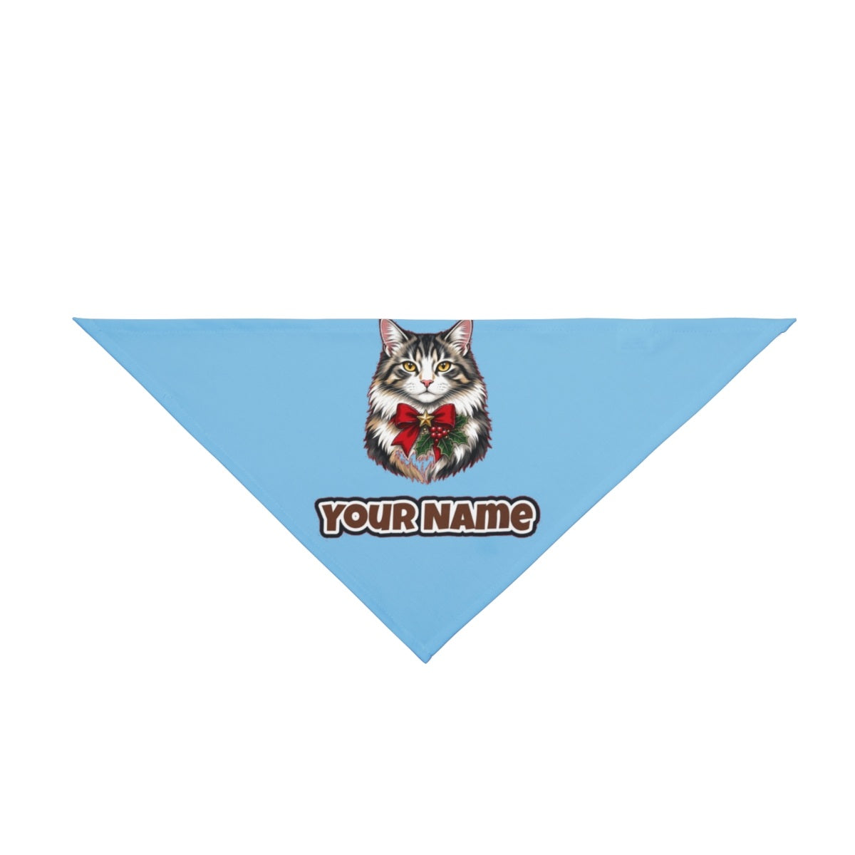 Longhaired Cat With Red Bow personalised Christmas pet bandana in sky blue, tie-on style