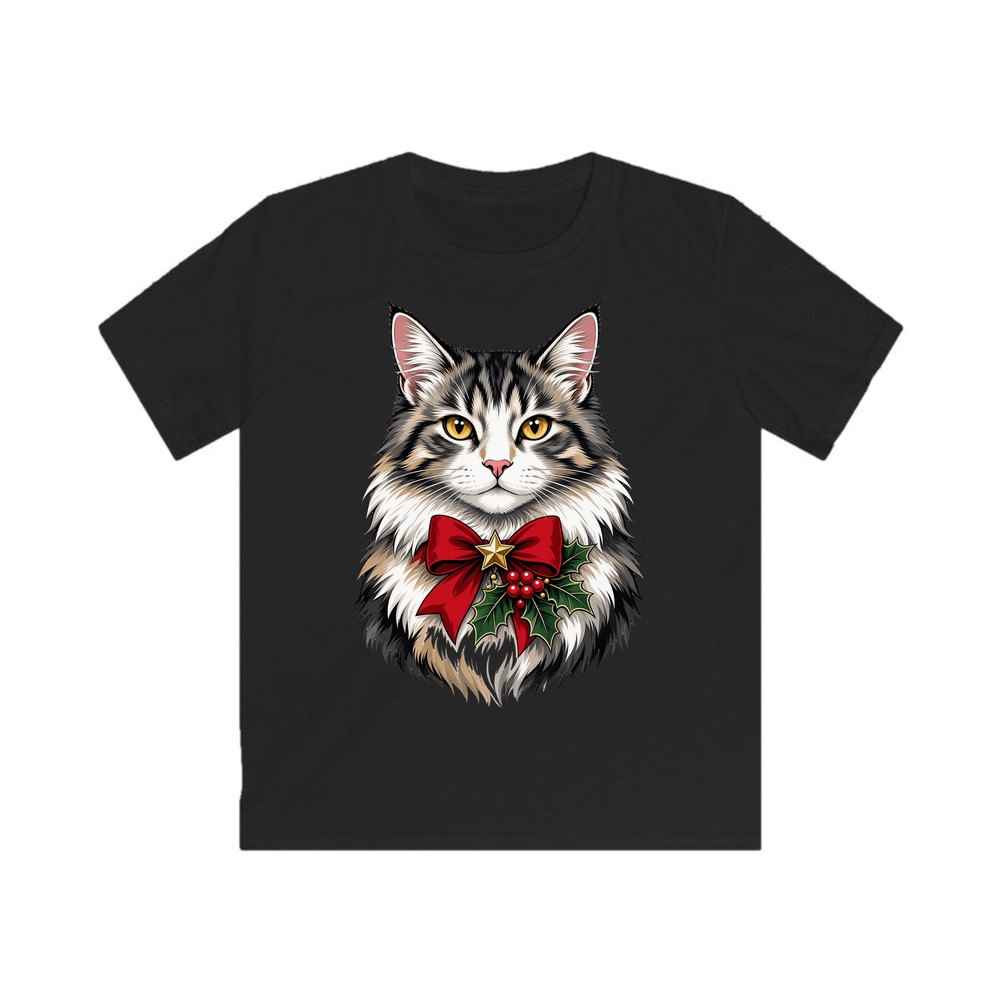Longhaired Cat With Red Bow personalised kids Christmas tee in black