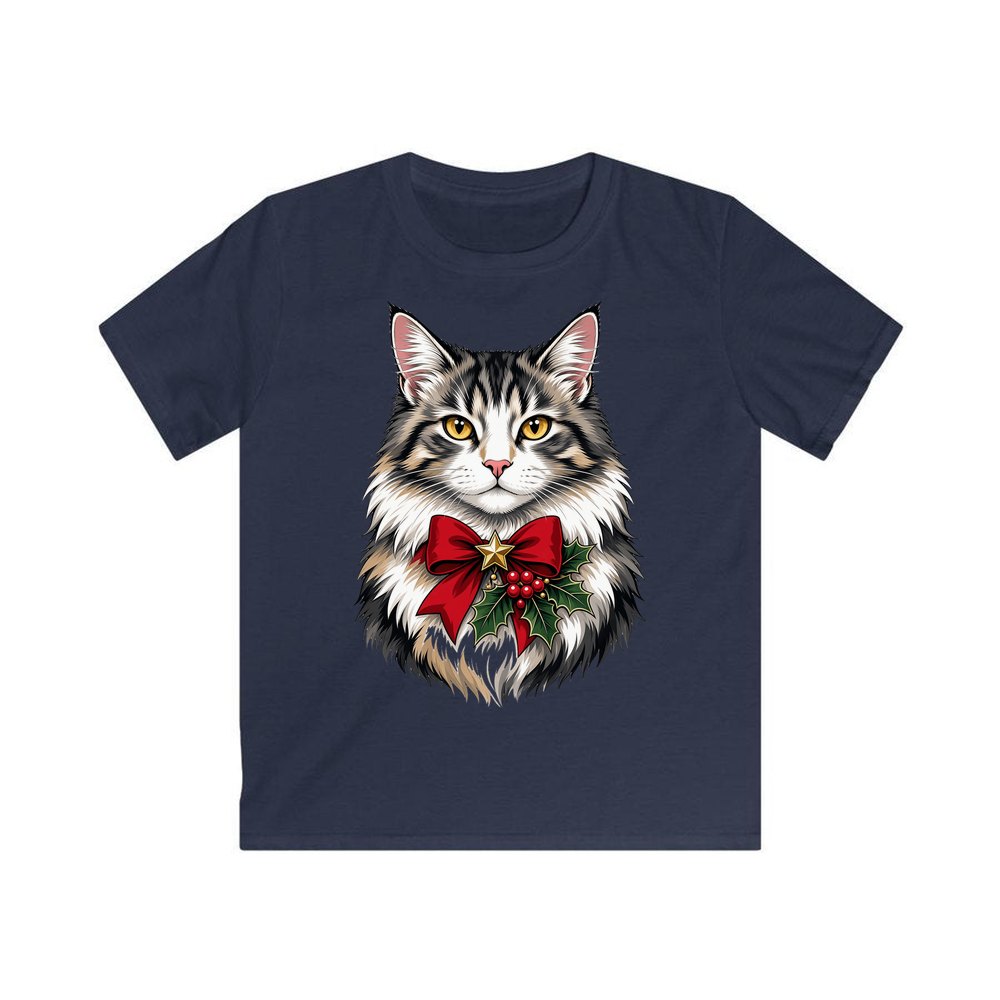 Longhaired Cat With Red Bow personalised kids Christmas tee in navy