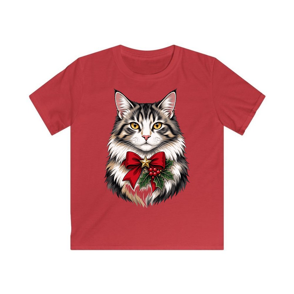Longhaired Cat With Red Bow personalised kids Christmas tee in red