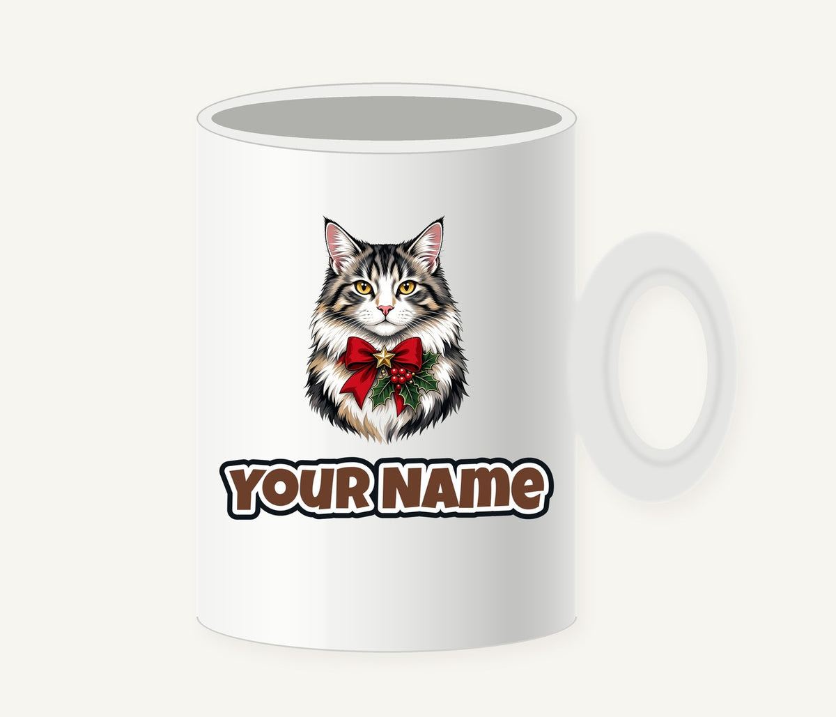 Longhaired Cat With Red Bow Personalised Christmas Mug