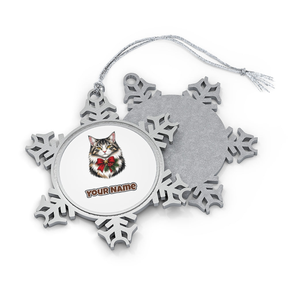 Longhaired Cat With Red Bow Personalised Pewter Christmas Ornament
