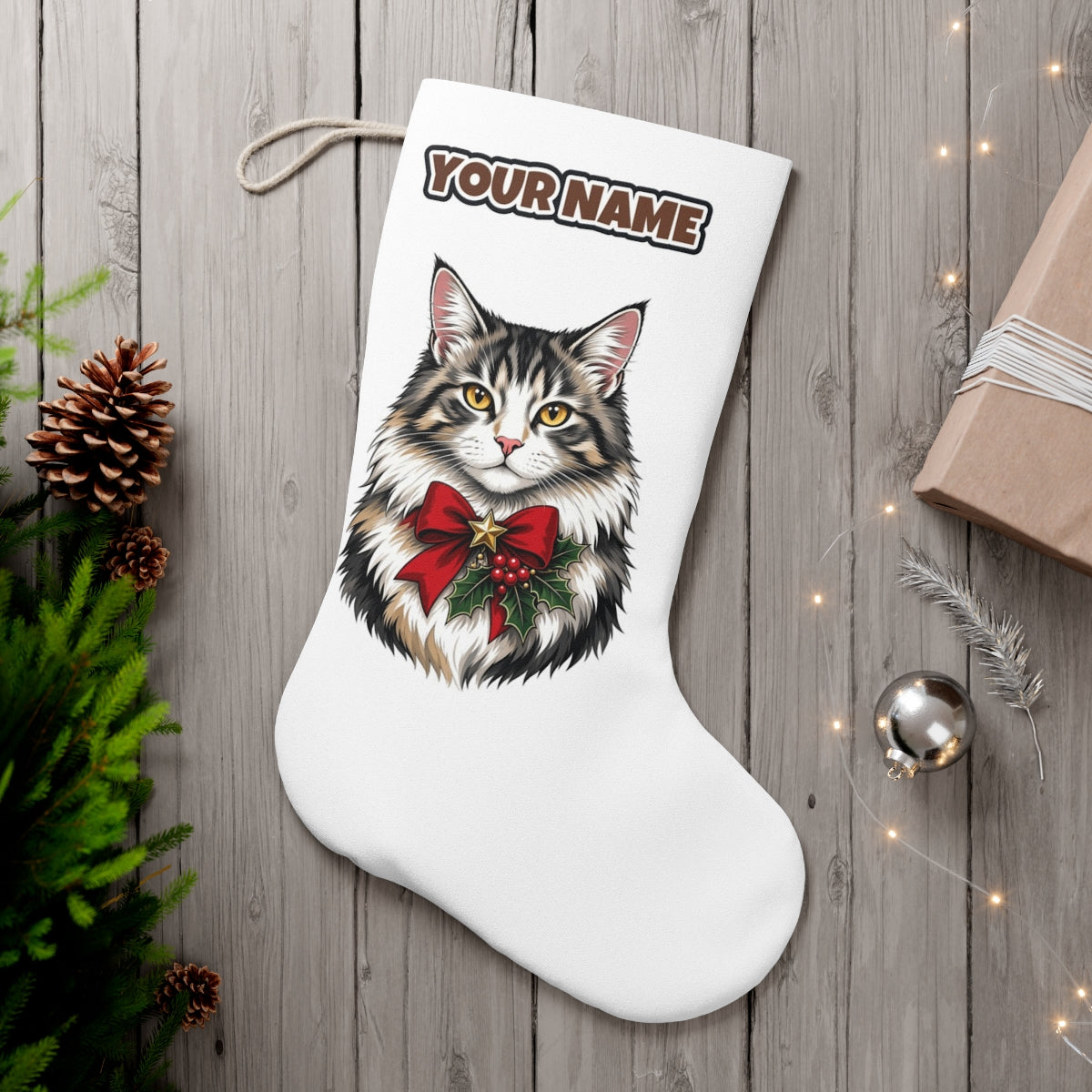 Longhaired Cat With Red Bow personalised Christmas stocking, white, with the name across the top