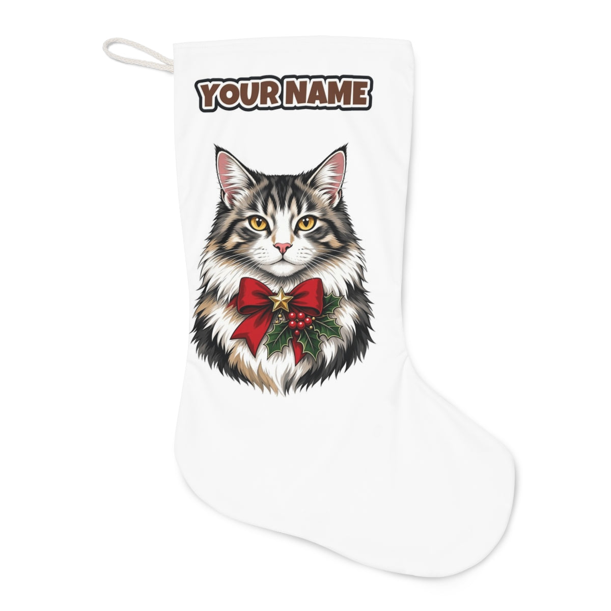 Longhaired Cat With Red Bow Christmas stocking laid flat, showing the full print