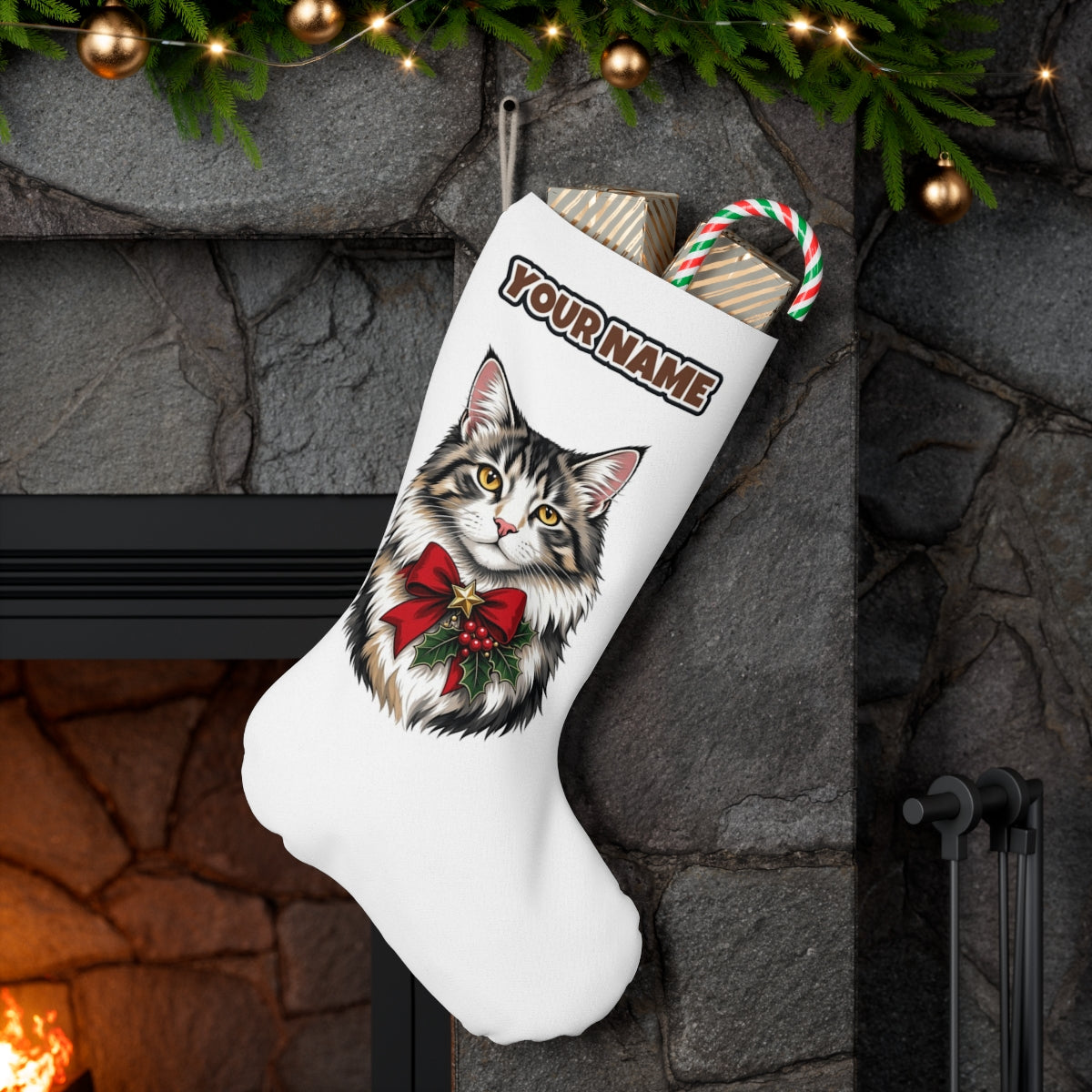 Longhaired Cat With Red Bow personalised Christmas stocking hanging on a mantel
