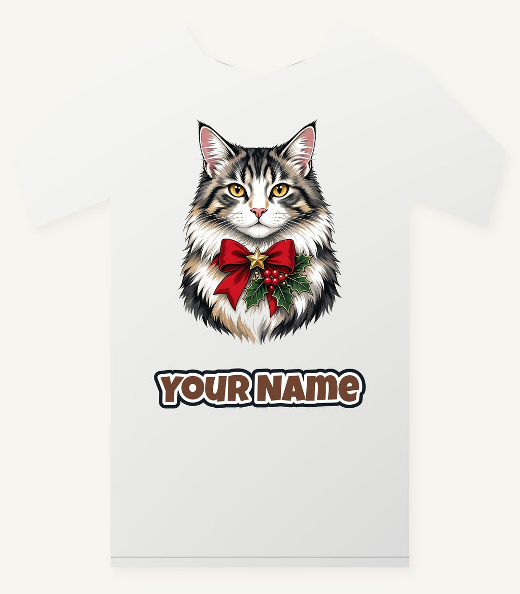 Longhaired Cat With Red Bow Personalised Christmas T-Shirt and Hoodie