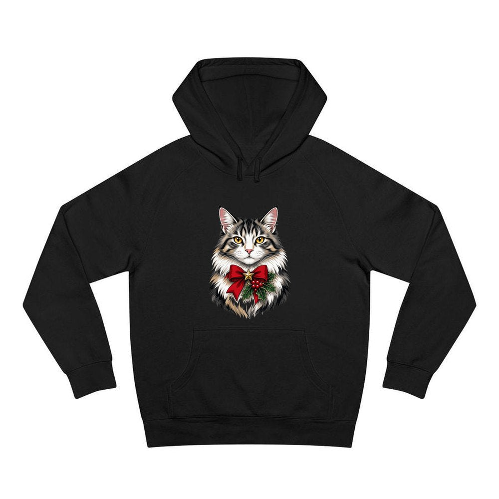 Longhaired Cat With Red Bow personalised Christmas hoodie in black