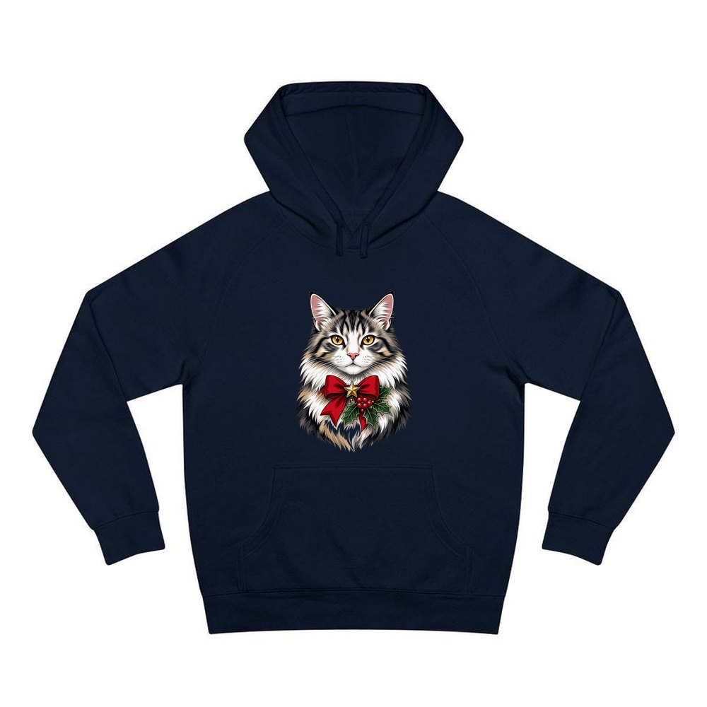 Longhaired Cat With Red Bow personalised Christmas hoodie in navy