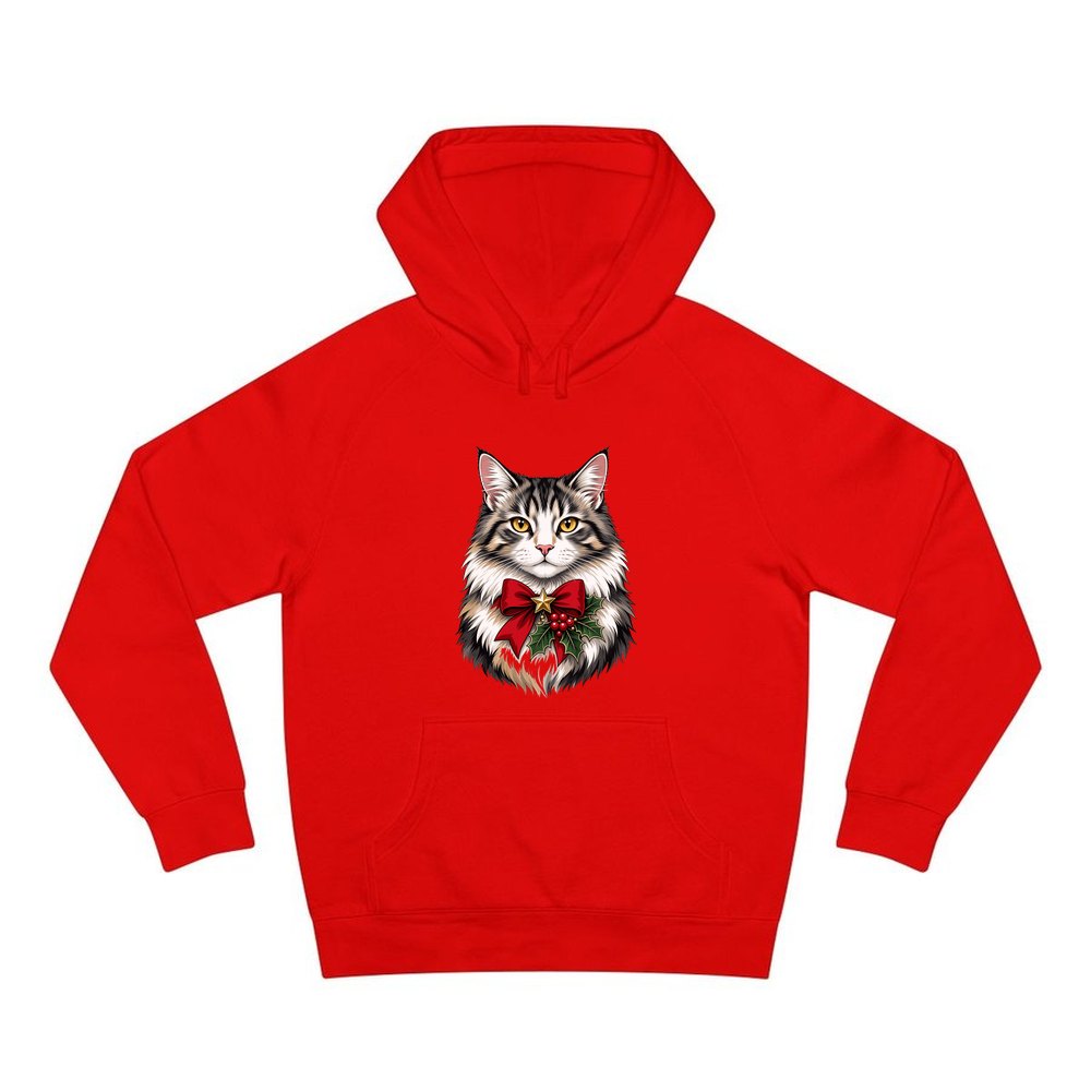 Longhaired Cat With Red Bow personalised Christmas hoodie in red