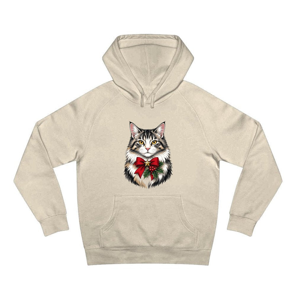 Longhaired Cat With Red Bow personalised Christmas hoodie in sand