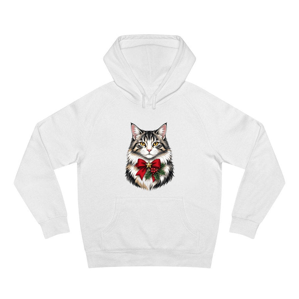 Longhaired Cat With Red Bow personalised Christmas hoodie in white