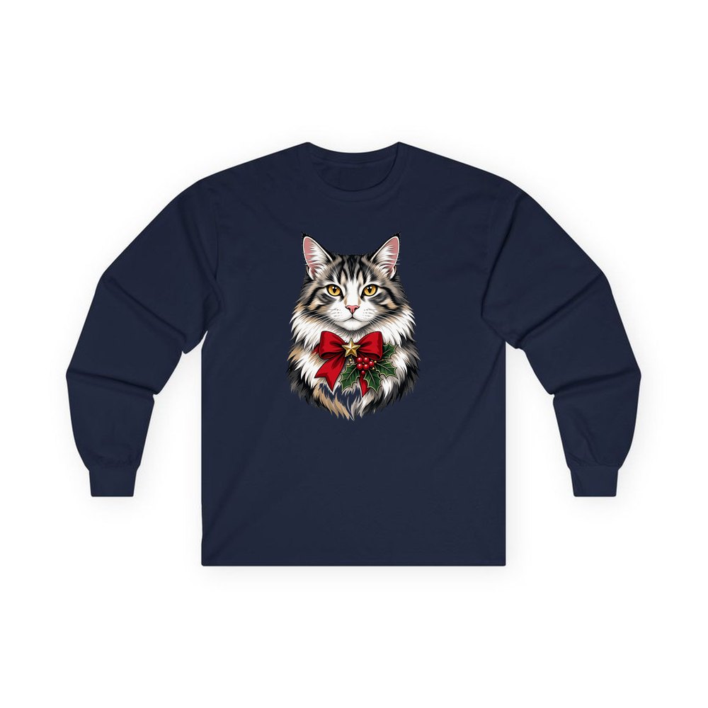 Longhaired Cat With Red Bow personalised long sleeve Christmas T-shirt in navy
