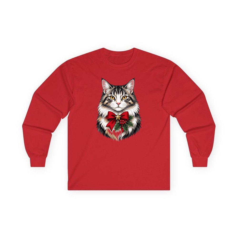 Longhaired Cat With Red Bow personalised long sleeve Christmas T-shirt in red