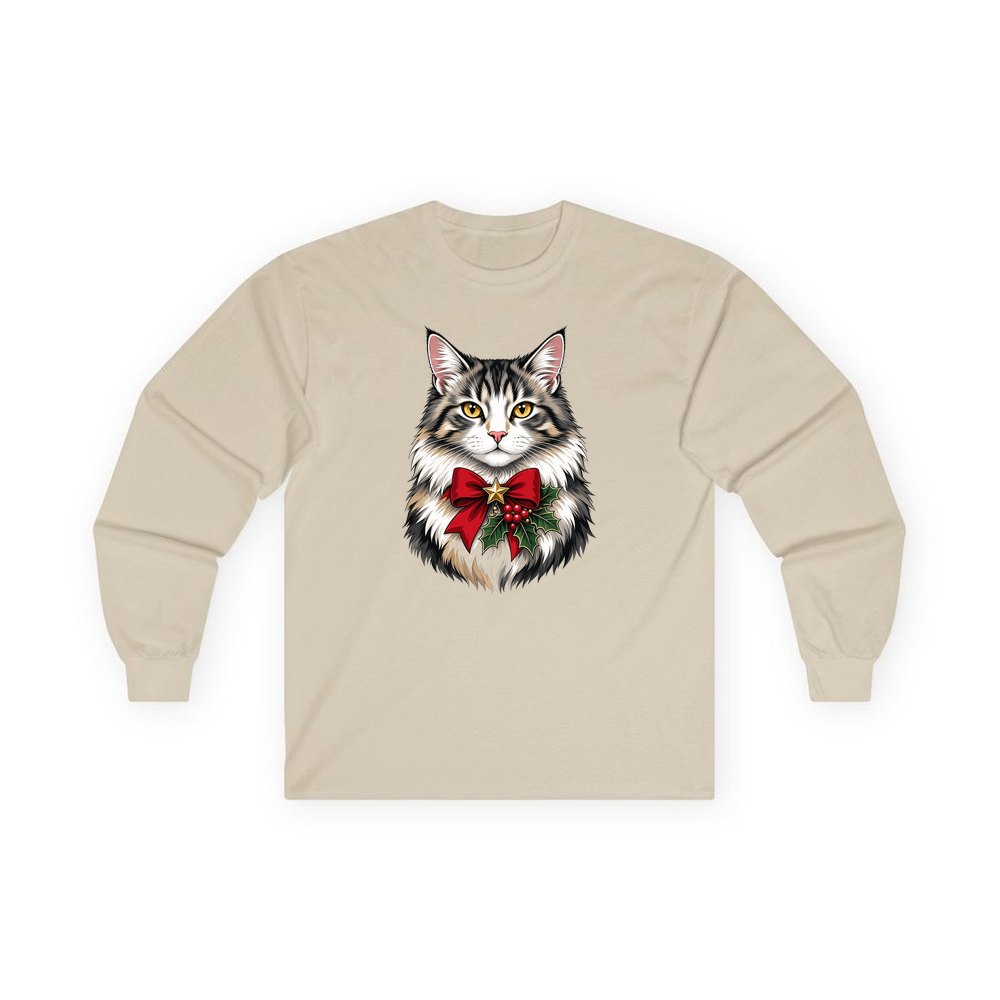 Longhaired Cat With Red Bow personalised long sleeve Christmas T-shirt in sand