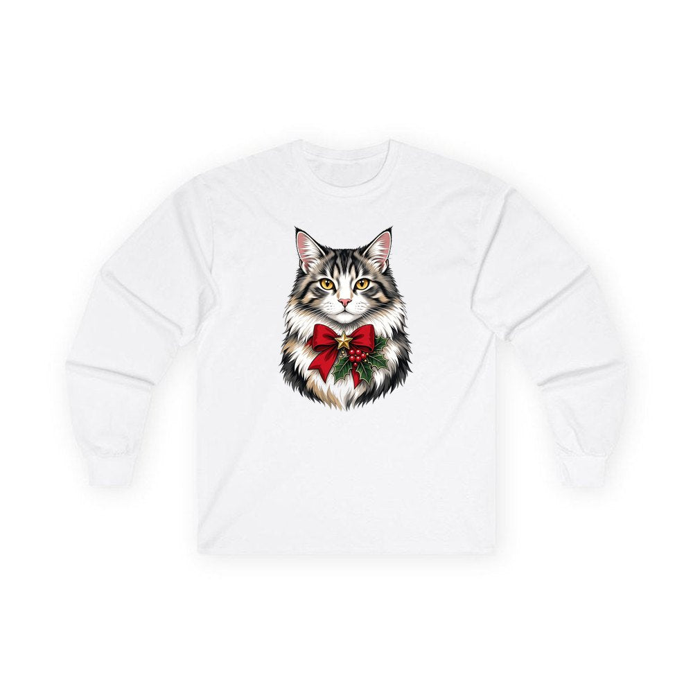 Longhaired Cat With Red Bow personalised long sleeve Christmas T-shirt in white