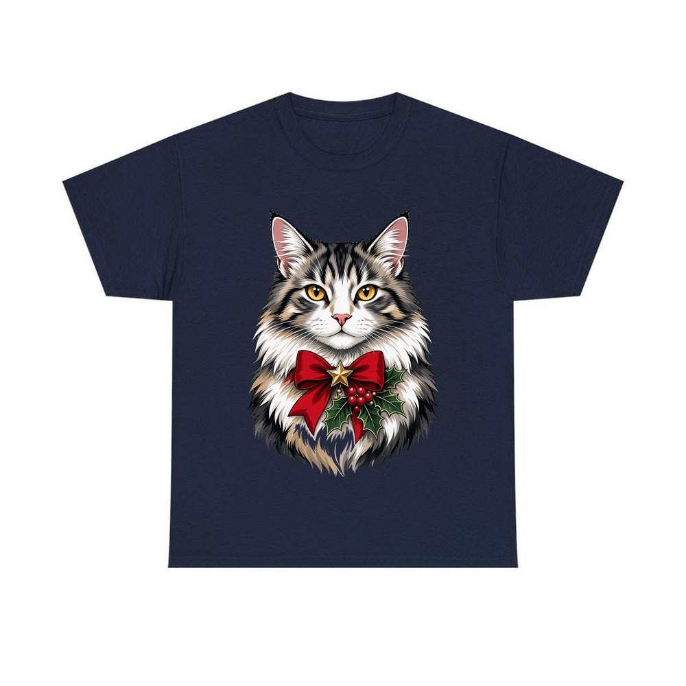 Longhaired Cat With Red Bow personalised Christmas T-shirt in navy
