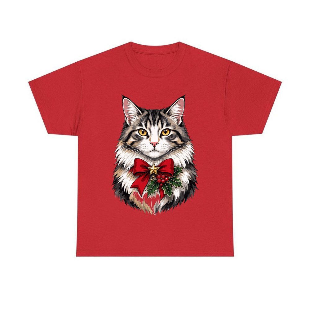 Longhaired Cat With Red Bow personalised Christmas T-shirt in red