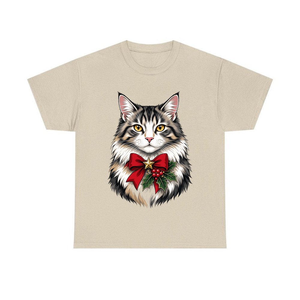 Longhaired Cat With Red Bow personalised Christmas T-shirt in sand
