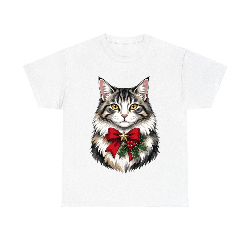 Longhaired Cat With Red Bow personalised Christmas T-shirt in white