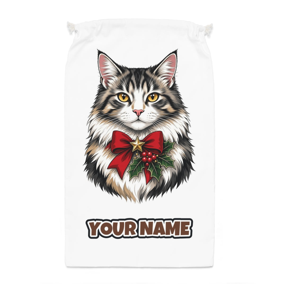 Longhaired Cat With Red Bow Santa sack laid flat, showing the full print