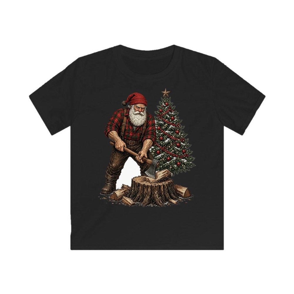 Lumberjack Santa Chopping Wood personalised kids Christmas tee in black