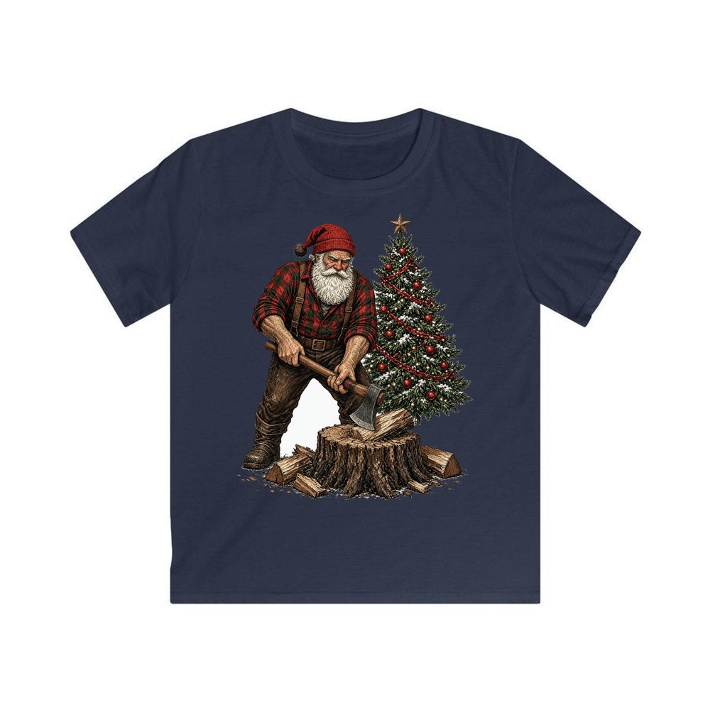 Lumberjack Santa Chopping Wood personalised kids Christmas tee in navy