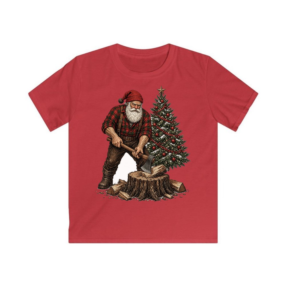 Lumberjack Santa Chopping Wood personalised kids Christmas tee in red