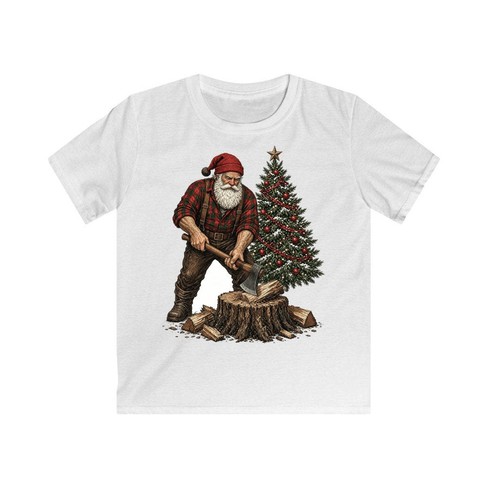 Lumberjack Santa Chopping Wood personalised kids Christmas tee in white