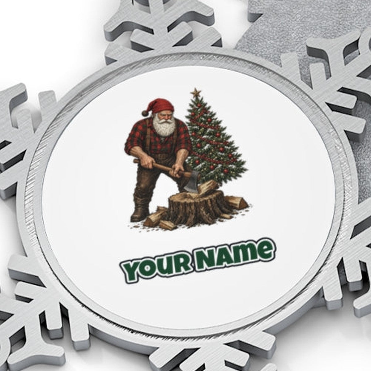 Lumberjack Santa Chopping Wood Personalised Pewter Christmas Ornament
