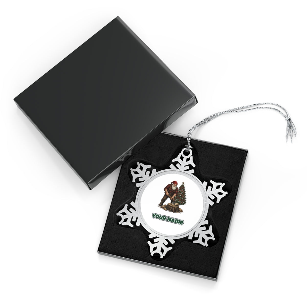 Lumberjack Santa Chopping Wood Personalised Pewter Christmas Ornament