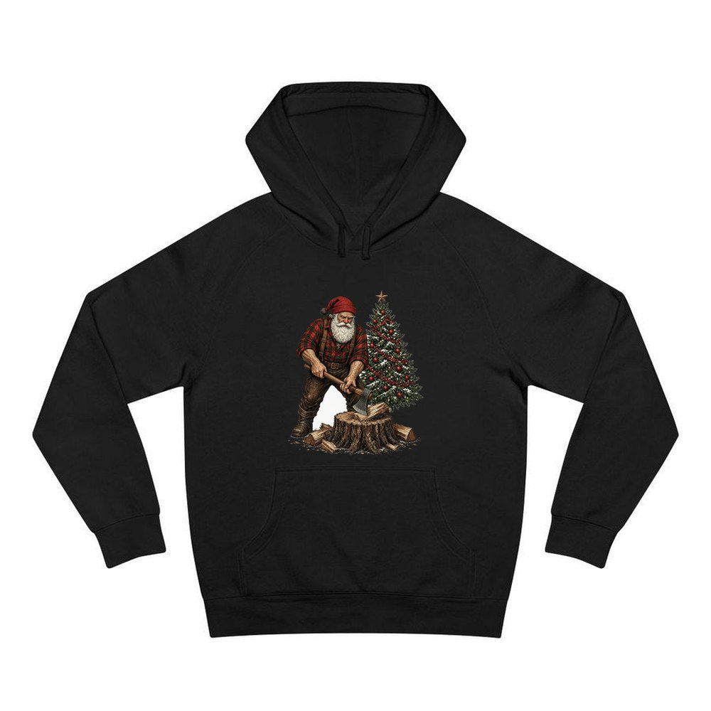 Lumberjack Santa Chopping Wood personalised Christmas hoodie in black