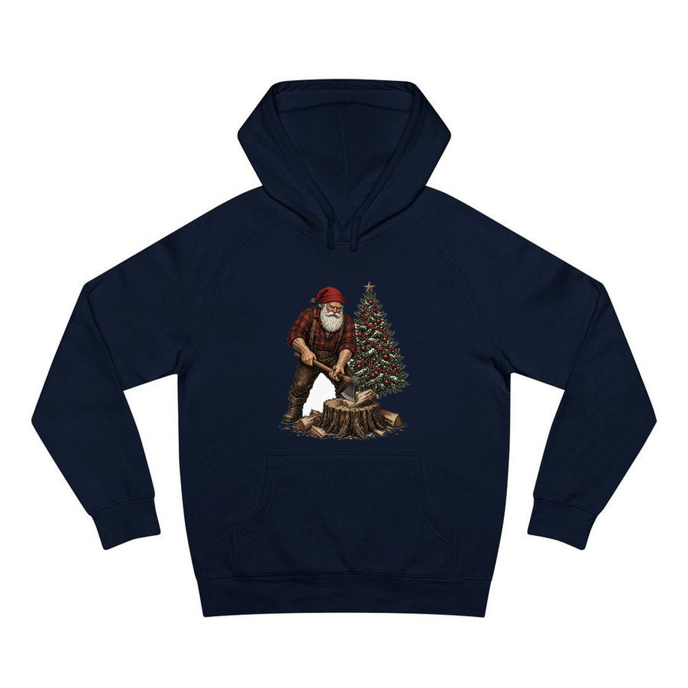 Lumberjack Santa Chopping Wood personalised Christmas hoodie in navy