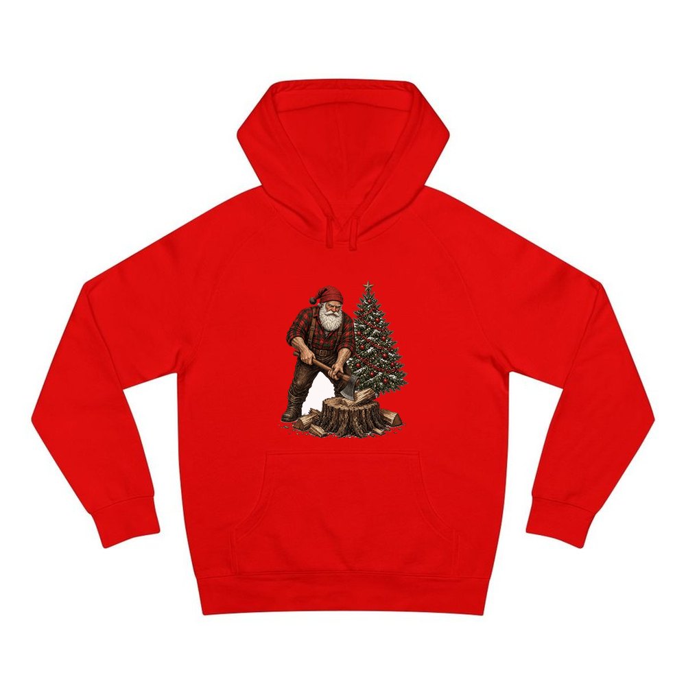 Lumberjack Santa Chopping Wood personalised Christmas hoodie in red