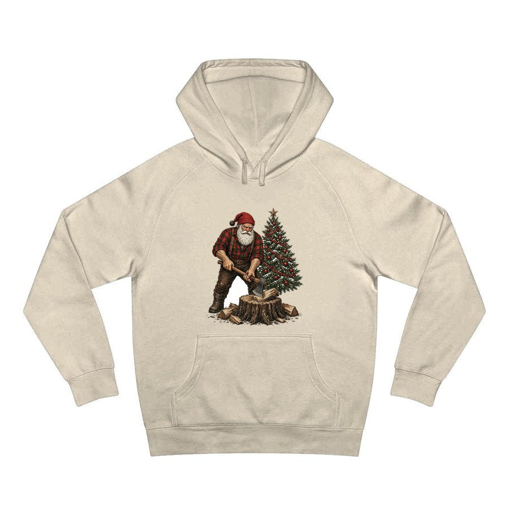 Lumberjack Santa Chopping Wood personalised Christmas hoodie in sand
