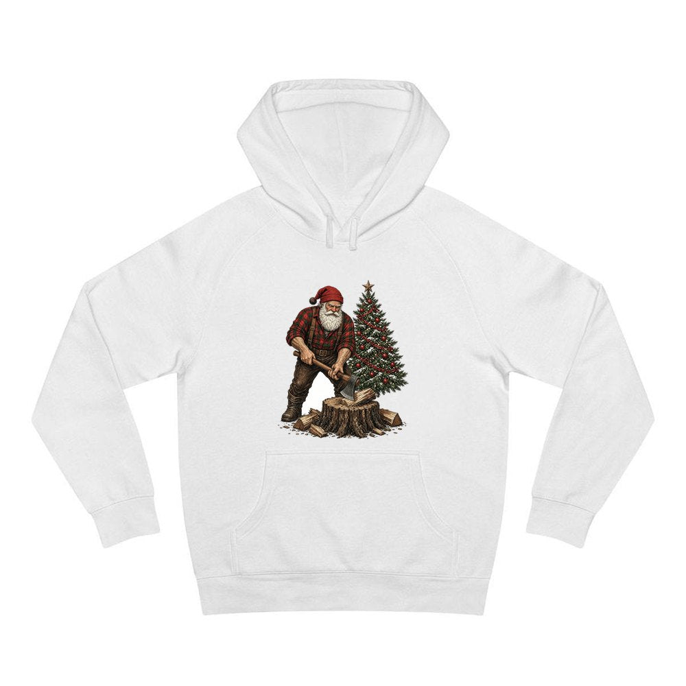 Lumberjack Santa Chopping Wood personalised Christmas hoodie in white