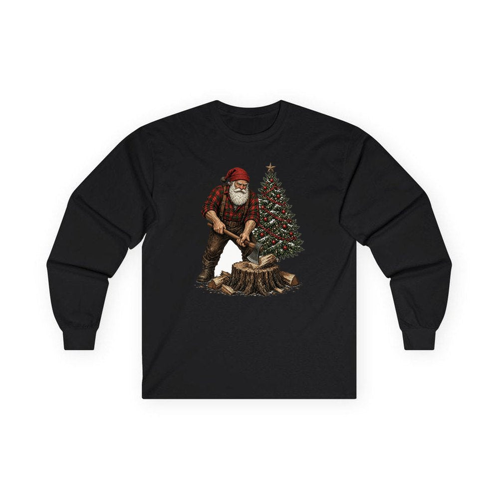 Lumberjack Santa Chopping Wood personalised long sleeve Christmas T-shirt in black