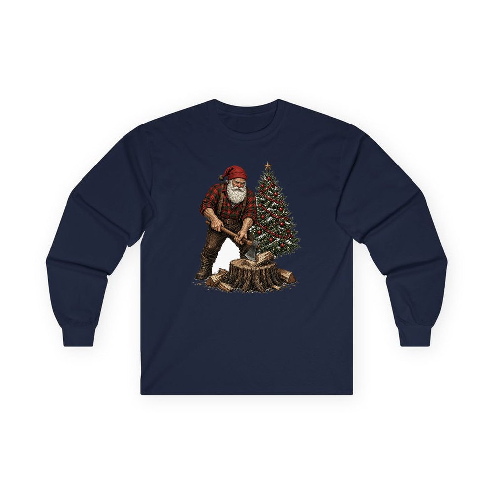 Lumberjack Santa Chopping Wood personalised long sleeve Christmas T-shirt in navy