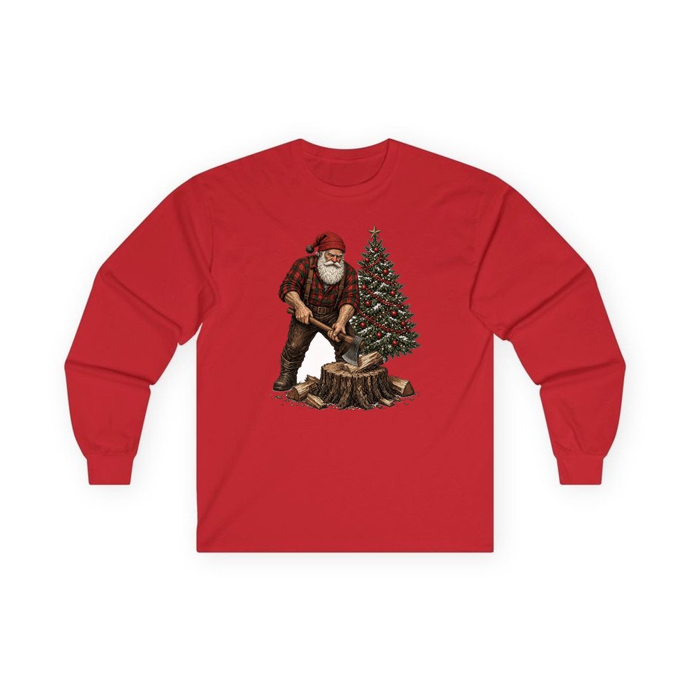 Lumberjack Santa Chopping Wood personalised long sleeve Christmas T-shirt in red