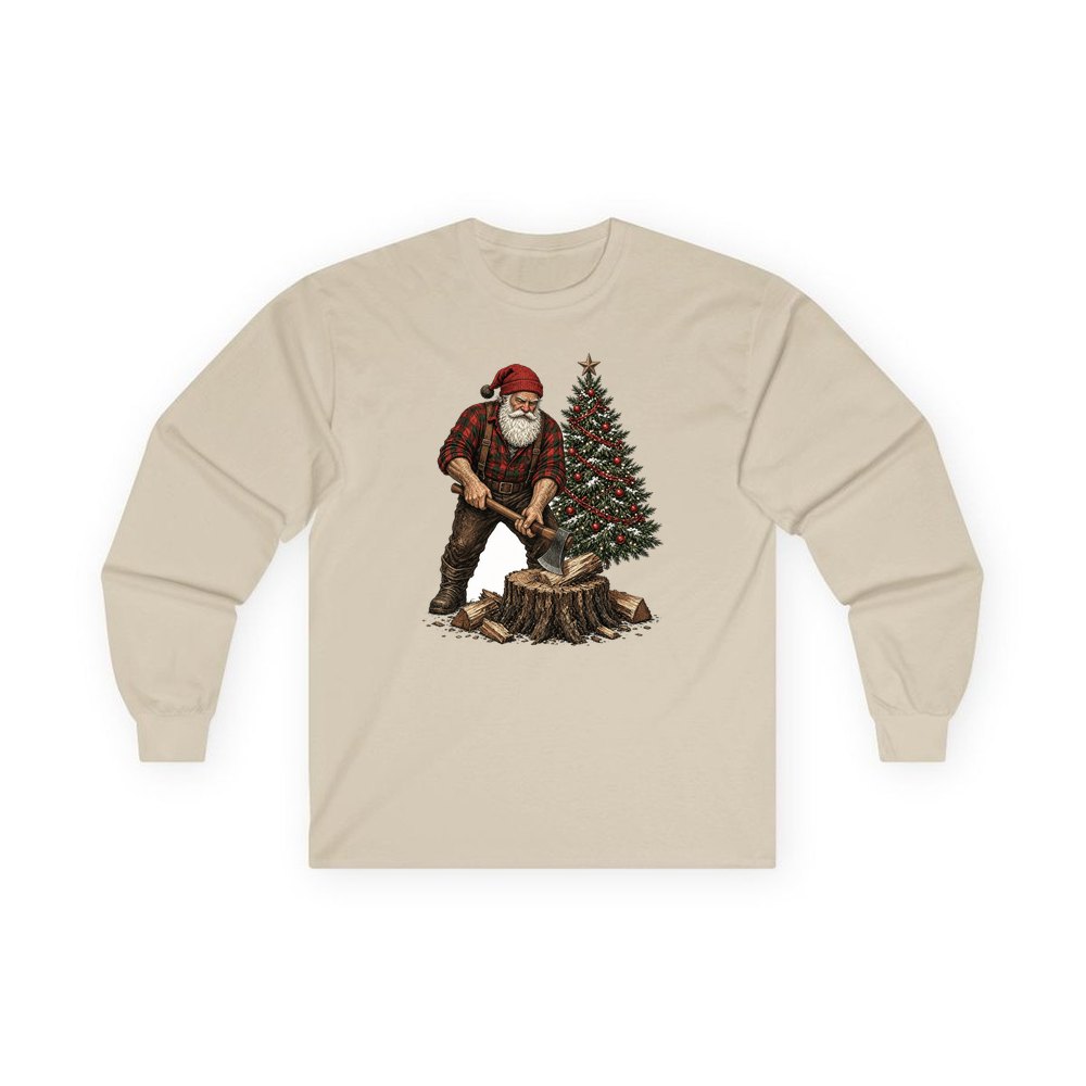 Lumberjack Santa Chopping Wood personalised long sleeve Christmas T-shirt in sand