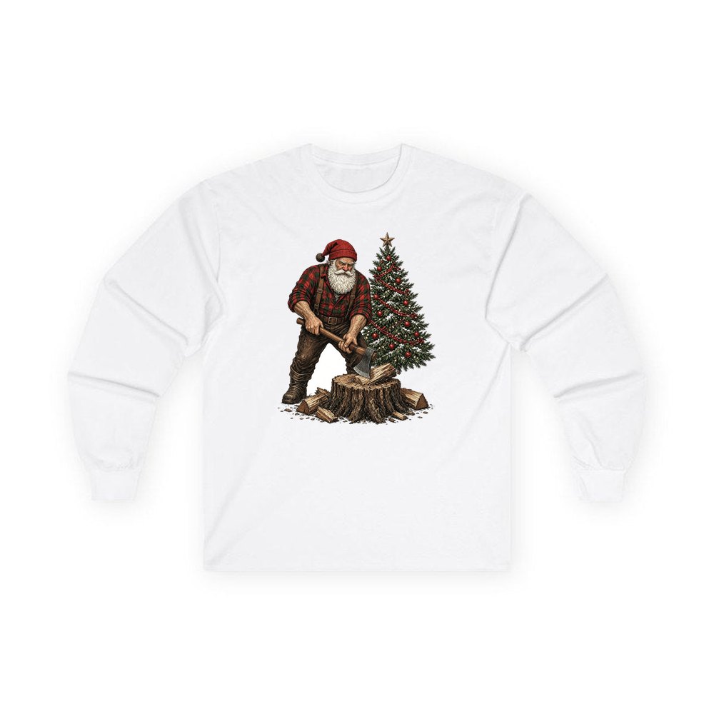 Lumberjack Santa Chopping Wood personalised long sleeve Christmas T-shirt in white
