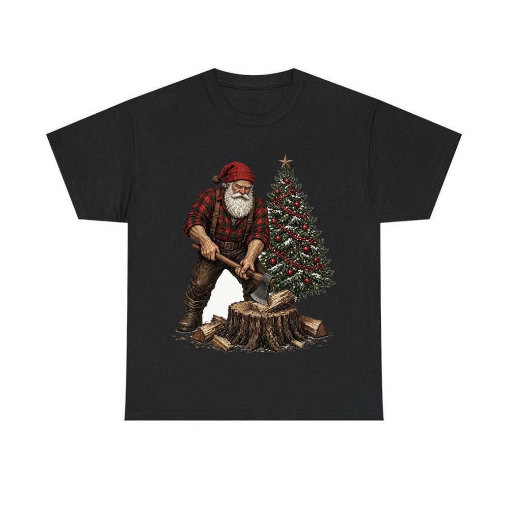 Lumberjack Santa Chopping Wood personalised Christmas T-shirt in black