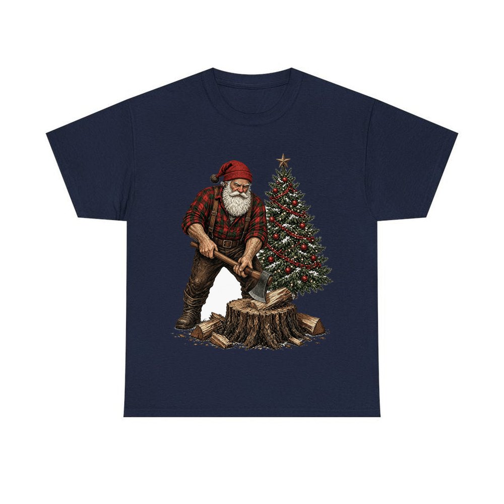 Lumberjack Santa Chopping Wood personalised Christmas T-shirt in navy
